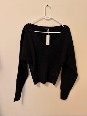 naked wardrobe Black V-Neck Ribbed Knit Sweater